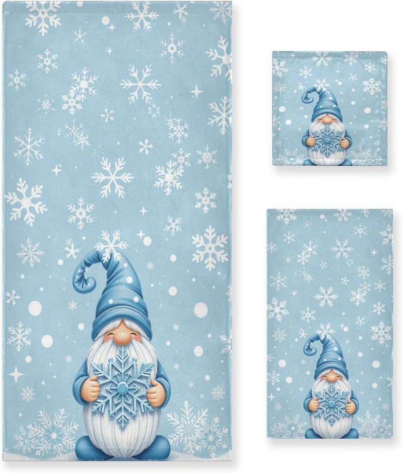 Dussdil Blue Winter Gnome Snowflakes Bathroom Towel Set of 3 Pcs Hand Fingertip Towels 1 Bath Towel 1 Hand Towel 1 Washcloth for Home Bathroom Beach Swim Soft Highly Absorbent Multipurpose Decor - Image 1